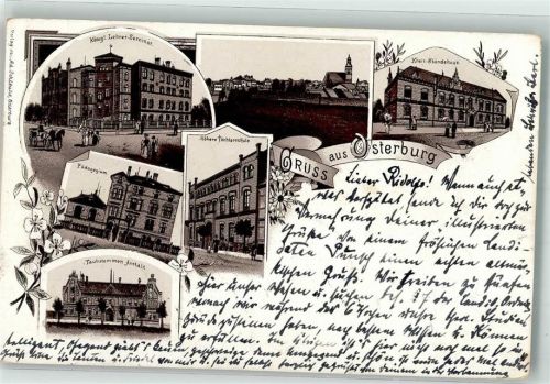 39606 O3540 Osterburg Altmark 1897 Lithographie Vorläufer Kreis-Krankenhaus Höhere Töchterschule Taubstummen-Anstalt Kgl. Lehrer Seminar