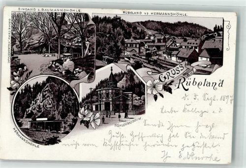 38889 O3725 Rübeland b Blankenburg, Harz 1897 Lithographie Höhlenmuseum Hermanns Höhle Baumannshöhlen-Eingang
