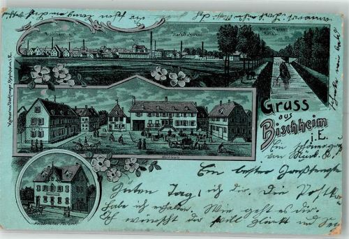 67800 Bischheim 1903 Lithographie / Mondschein Stärkefabriken Marktplatz Kaiserl. Postamt