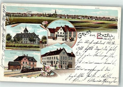 61200 W6363 Echzell 1899 Lithographie Forsthaus Bahnhof Gasthaus zur Traube Bahnpost -Nidda Zg. 1156