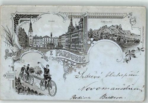 Pardubice 1899 Namesti Fahrrad Lithographie