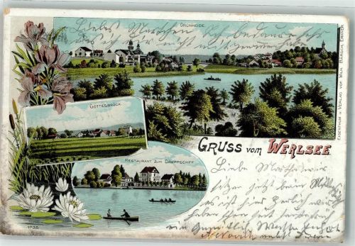 15537 O1252 Grünheide , Mark 1899 Lithographie Werlsee Gasthaus zum Dampfschif Gottesbrück Seerosen