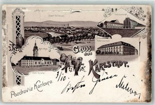 Karlovac Karlstadt Gebrauchsspuren Turbinenmühle Kadettenschule Kath. Kirche Lithographie