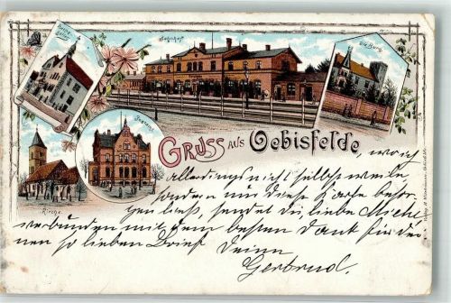 39646 O3573 Oebisfelde 1898 Lithographie Bahnhof Die Burg Ratskeller Postamt