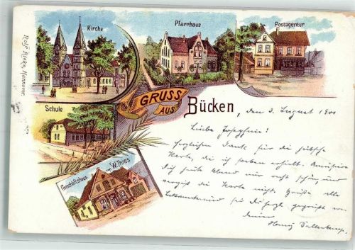 Bücken 1901 Geschäftshaus Thies Schule Pfarrhaus Post