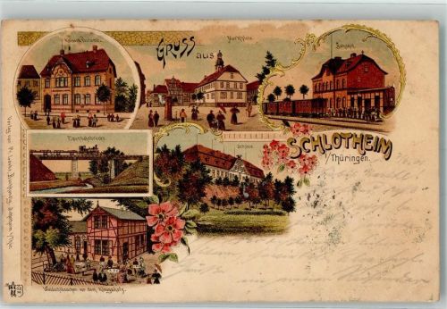 99994 O5706 Schlotheim Lithographie Eisenbahnbrücke Waldschlößchen Schloß Kaiserl. Postamt
