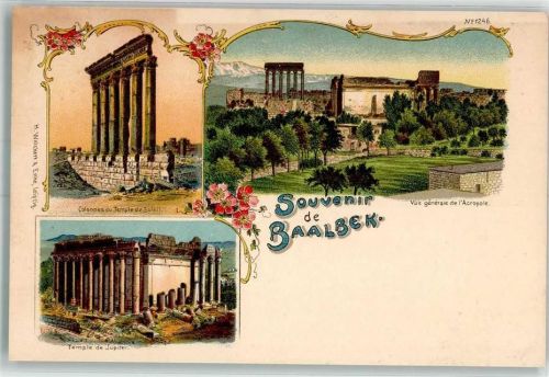 Baalbek Colonnes du Temple de Soleil Temple de Jupiter Acropole Lithographie