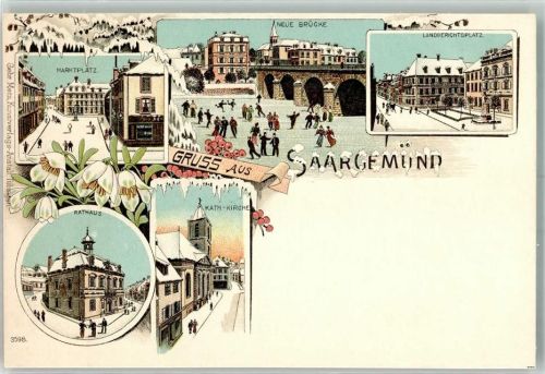 Sarreguemines Saargemünd Marktplatz Neue Brücke Landgerichtsplatz Rathaus Kath. Kirche Winterlithographie