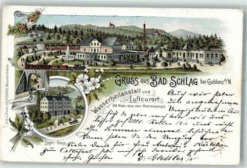 Jablonec n. Nisou 1898 Wasserheilanstalt Bad Schlag Logirhaus Eisenbahn Lithographie
