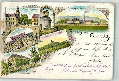 Chomutov 1898 Eidlitz Udlice Schule Kirche Zuckerfabrik Bürgermeisteramt Schloss Coudenhove Lithographie