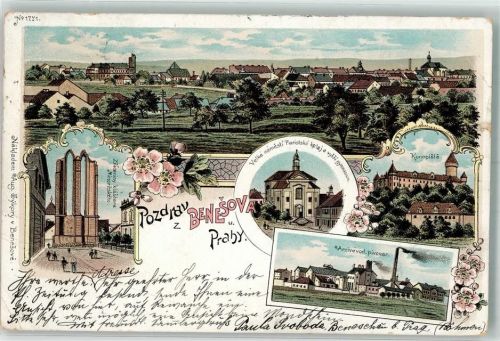 Benesov 1899 Konopiste Arcive vod. pivovar Velke namesti Piaristska koleja Gymnasium Lithographie
