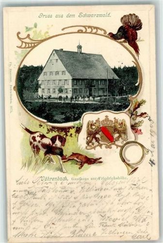 78147 W7741 Vöhrenbach 1905 Prägedruck Gasthaus Zur Friedrichshöhe Auerhahn Jagdhund Jagdhorn Passepartout Lithographie