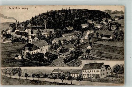 85461 W8059 Grünbach b Erding Lithographie Dorfstraße Handlung Auer