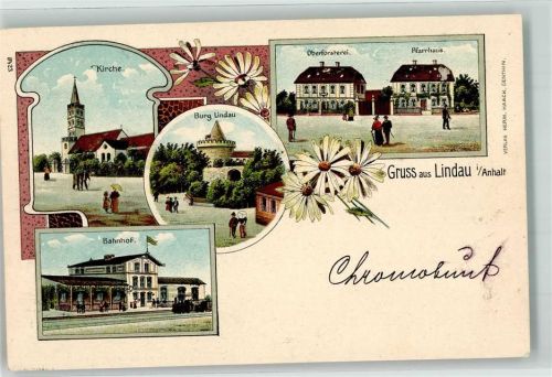 39264 O3401 Lindau , Anh Lithographie Bahnhof Burg Kirche Oberförsterei Pfarrhaus