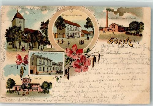 Göritz a. d. Oder 1901 Kirche Rathaus Gasthaus Leidecke Dampfmahlmühle Elektrische Zentrale Gasthaus Zum Kaiser Wilhelm Bahnhof Lithographie