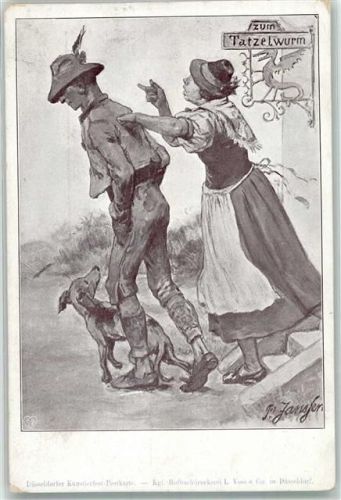 W4000 Düsseldorf sign Janßen Gasthaus Zum Tatzelwurm Dackel Tracht Künstlerfest Postkarte Kunstgeschichte Düsseldorf Gebrauchsspuren