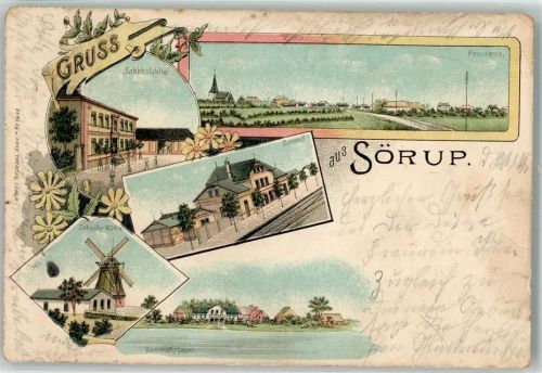 Sörup 1901 Bahnhofshotel Bahnhof Scheuby Windmühle Gemmelbygaard Lithographie