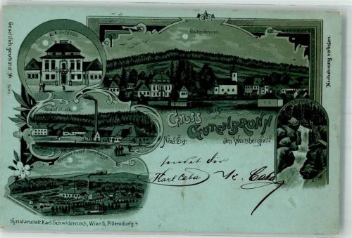 3665 Gutenbrunn 1898 Gebrauchsspuren K. K. Schloss Wasserfall Klamm Glasfabrik Kronprinz Rudolf Dampfsäge Lithographie/Mondschein