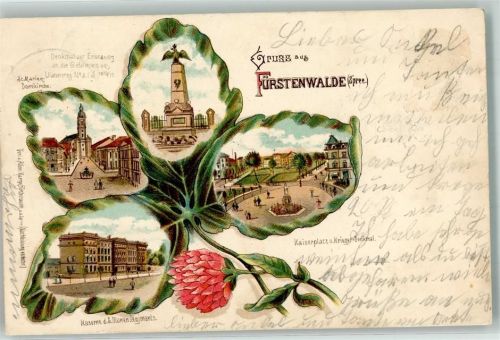 15517 O1240 Fürstenwalde , Spree 1900 Lithographie Kaiserplatz Kriegerdenkmal Kaserne d. Ulanen Regiments St. Marien Domkirche Vierblättriges Kleeblatt Passepartout