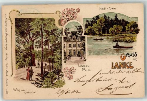 16348 O1281 Lanke 1902 Lithographie Hellsee Ruderboote Schloss Portal