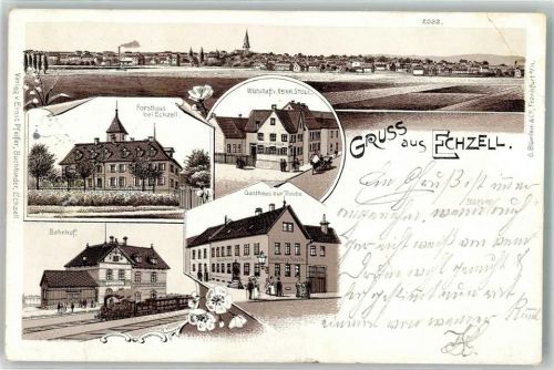 61200 W6363 Echzell 1899 Gebrauchsspuren Forsthaus Gasthaus Heinr. Stoll Bahnhof Eisenbahn Gasthaus Zur Traube Lithographie
