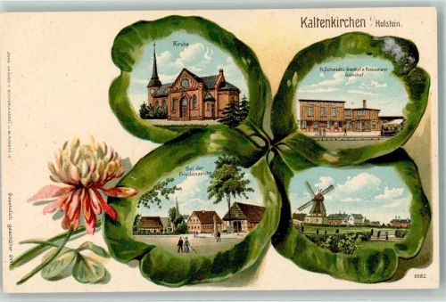 Kaltenkirchen H. Schmidts Gasthaus Bahnhof Windmühle Friedenseiche Kirche Passepartout Lithographie Vierblättriges Kleeblatt Bahnpost Altona - Bramstedt Zug 8