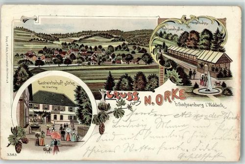 35104 W3540 Sachsenberg , Waldeck 1898 Gebrauchsspuren Gasthaus Zur Orke W. Viering Schiesshalle Kegelbahn Lithographie