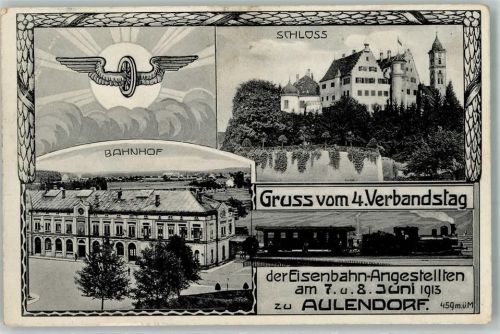 Aulendorf 4. Verbandstag der Eisenbahn Angestellten Juni 1913 Flügelrad Schloss Bahnhof Lithographie