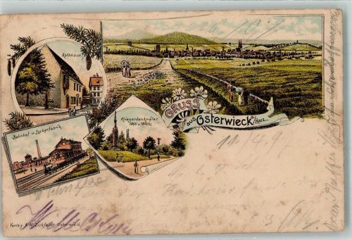 38835 O3606 Osterwieck 1897 Gebrauchsspuren Rathaus Bahnhof Zuckerfabrik Kriegerdenkmäler Lithographie