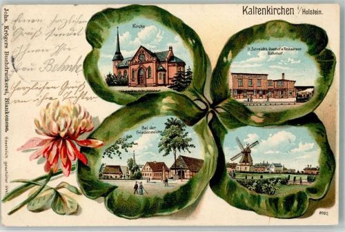 Kaltenkirchen 1906 H. Schmidts Gasthaus Bahnhof Windmühle Friedenseiche Kirche Passepartout Lithographie Vierblättriges Kleeblatt Bahnpost Altona - Bramstedt Zug 8