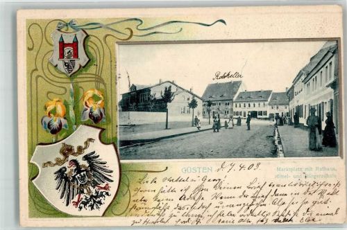 39439 O3256 Güsten , Anh 1903 Prägedruck Marktplatz Rathaus Mittel- und Bürgerschule Passepartout Wappen Lithographie