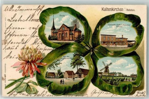 Kaltenkirchen 1904 H. Schmidts Gasthaus Bahnhof Windmühle Friedenseiche Kirche Passepartout Lithographie Vierblättriges Kleeblatt Bahnpost Altona - Bramstedt Zug 8