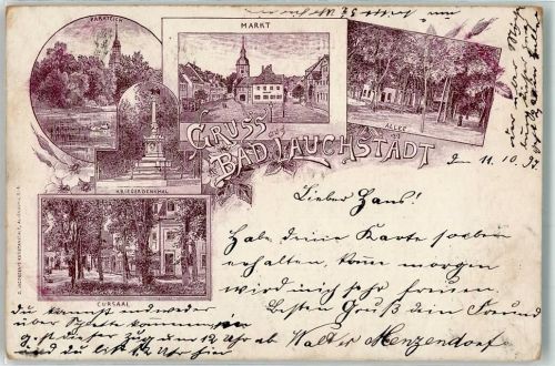 06246 O4204 Bad Lauchstädt 1897 Lithographie Parkteich Markt Allee Kursaal Kriegerdenkmal Vorläufer