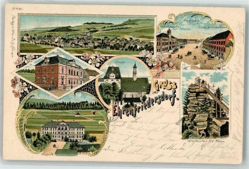 09427 O9373 Ehrenfriedersdorf 1900 Lithographie Kaiserl. Postamt Kirche Schule Greifenstein Marktplatz Hotel Ratskeller Hotel deutscher Kaiser