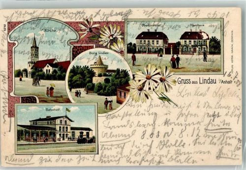 39264 O3401 Lindau , Anh 1908 Lithographie Burg Oberförsterei Pfarrhaus Kirche Bahnhof