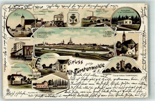 15517 O1240 Fürstenwalde , Spree 1904 Lithographie Markt Rathaus Bahnhof Kgl. Mühlen Bischöfl. Schloss Jagdschloss König Friedrich I. Ziegelei Schiesshalle Schützenstraße St. Marien Domkirche