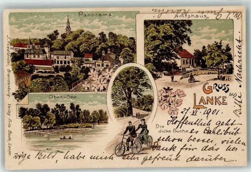 16348 O1281 Lanke 1901 Lithographie Amtshaus Obersee Dicke Buche Fahrrad