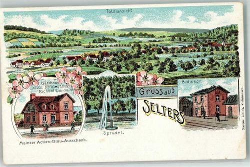 Selters 1907 Gasthaus Zum Niedderthal Richard Landmann Sprudel Bahnhof Lithographie Bahnpost Lauterbach