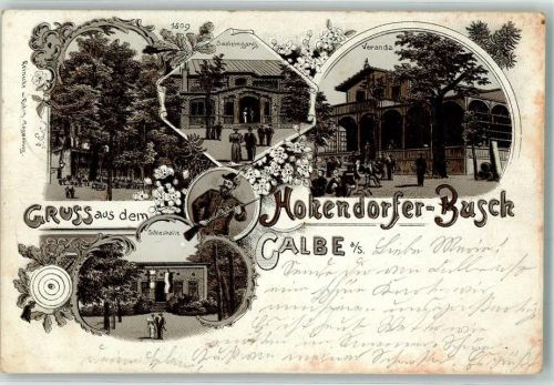 Calbe 1897 Gasthaus Hohendorfer Busch Veranda Schiesshalle Zielscheibe Bahnpost Leipzig