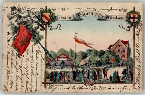Petershausen 1906 Sänger Gruß Fahnenweihe Lithographie