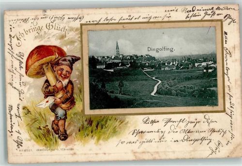 84130 W8312 Dingolfing 1902 Prägedruck Passepartout Zwerg Pilz Glücksbringer Brief Lithographie
