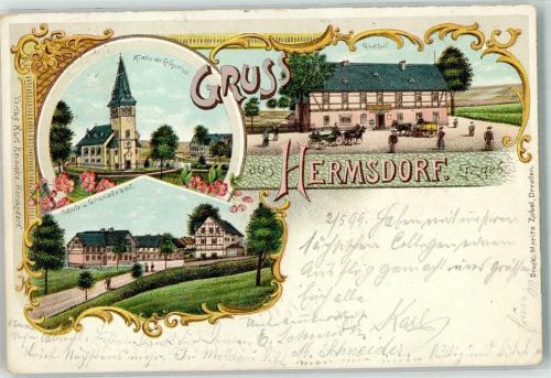Hermsdorf 1899 Kirche Erbgericht Schule Gemeindeamt Gasthaus Postkutsche Lithographie