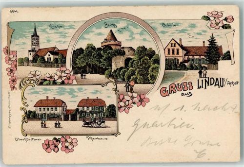 39264 O3401 Lindau , Anh 1903 Lithographie Kirche Burg Schule Oberförsterei Pfarrhaus