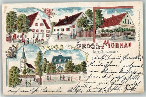 Schweidnitz 1903 Maniow Wielki Pretschkers Gasthaus Bäckerei Posthilfsstelle Kath. Schule Kath. Kirche Schlos Lithographie