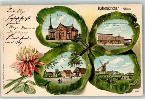 Kaltenkirchen 1903 H. Schmidts Gasthaus Bahnhof Windmühle Friedenseiche Kirche Passepartout Lithographie Vierblättriges Kleeblatt Bahnpost Altona - Bramstedt Zug 8