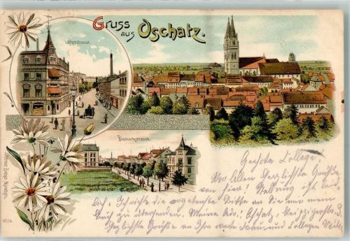 04758 O7260 Oschatz 1902 Lithographie Bismarckstraße Lutherstraße Ottmar Zieher