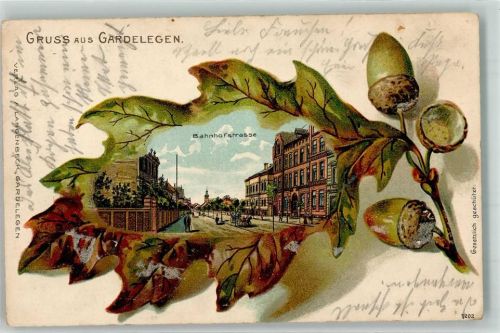Gardelegen 1914 Bahnhofstraße Eichenblatt Passepartout Lithographie