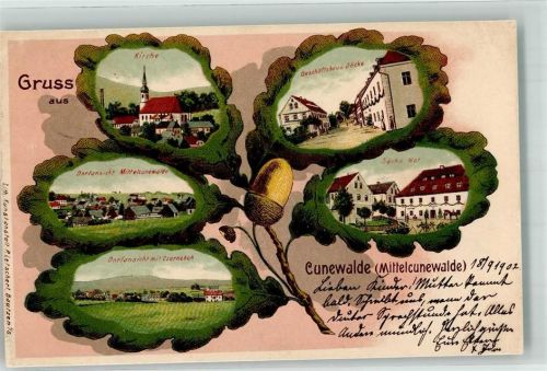 Cunewalde 1902 Geschäftshaus Döcke Gasthaus Sächsischer Hof Kirche Eichenblatt Passepartout