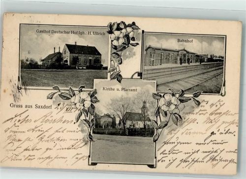 Saxdorf 1911 Bahnhof Gasthaus Deutscher Hof Kirche Pfarramt Bahnpost Berlin-Dresden Zg. 288