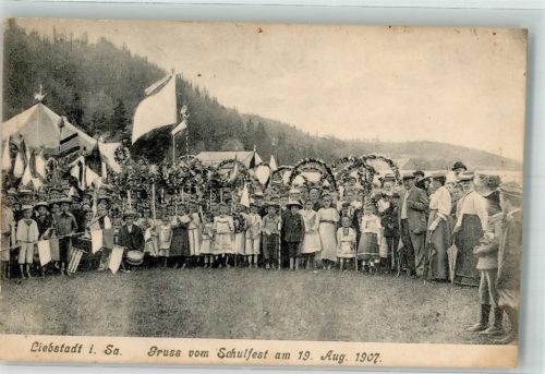 01825 O8301 Liebstadt 1907 Foto AK Schulfest 1907 Schulkinder Trommel Zelte